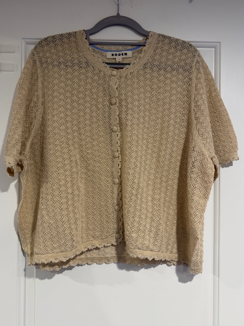 Boden Pointelle Cropped Short Sleeve Cardigan Tan Gold Women's Size US XL NWT